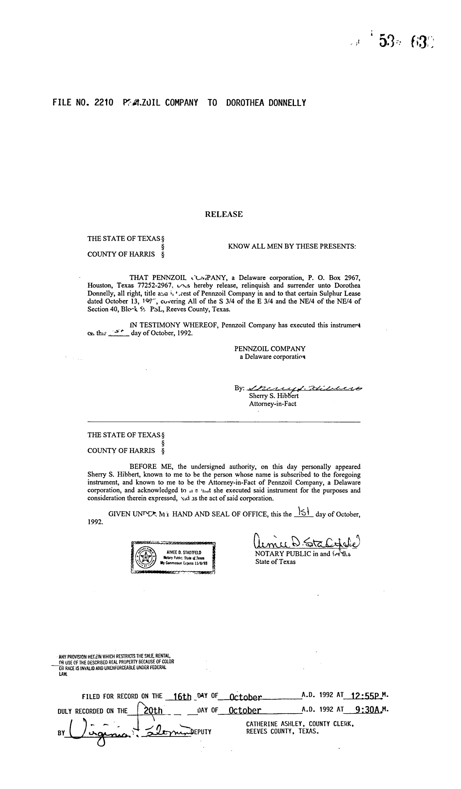 Pennzoil Co - Recorded Renew Extension Lien (Doc #20631764)