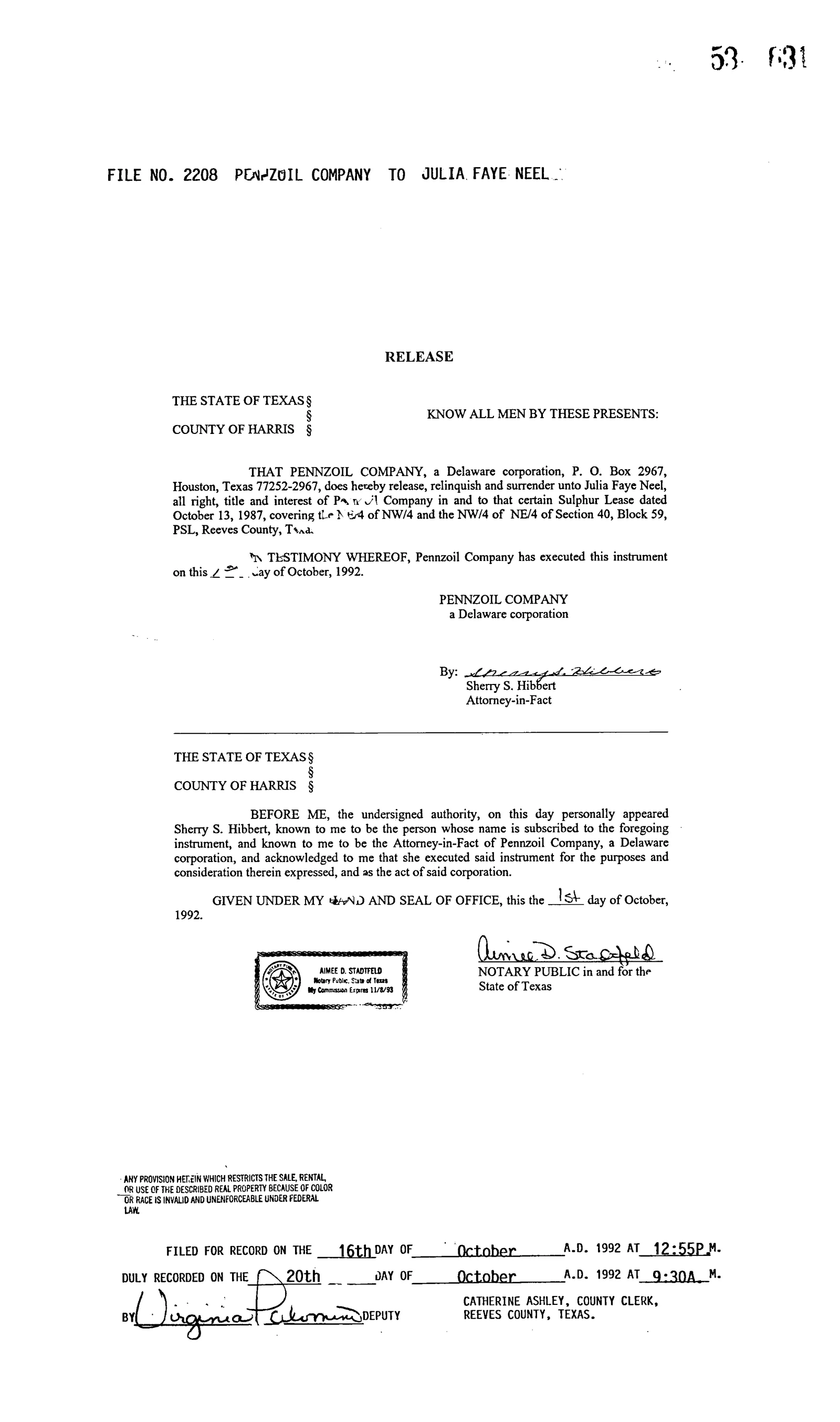 Pennzoil Co - Recorded Renew Extension Lien (Doc #20631783)
